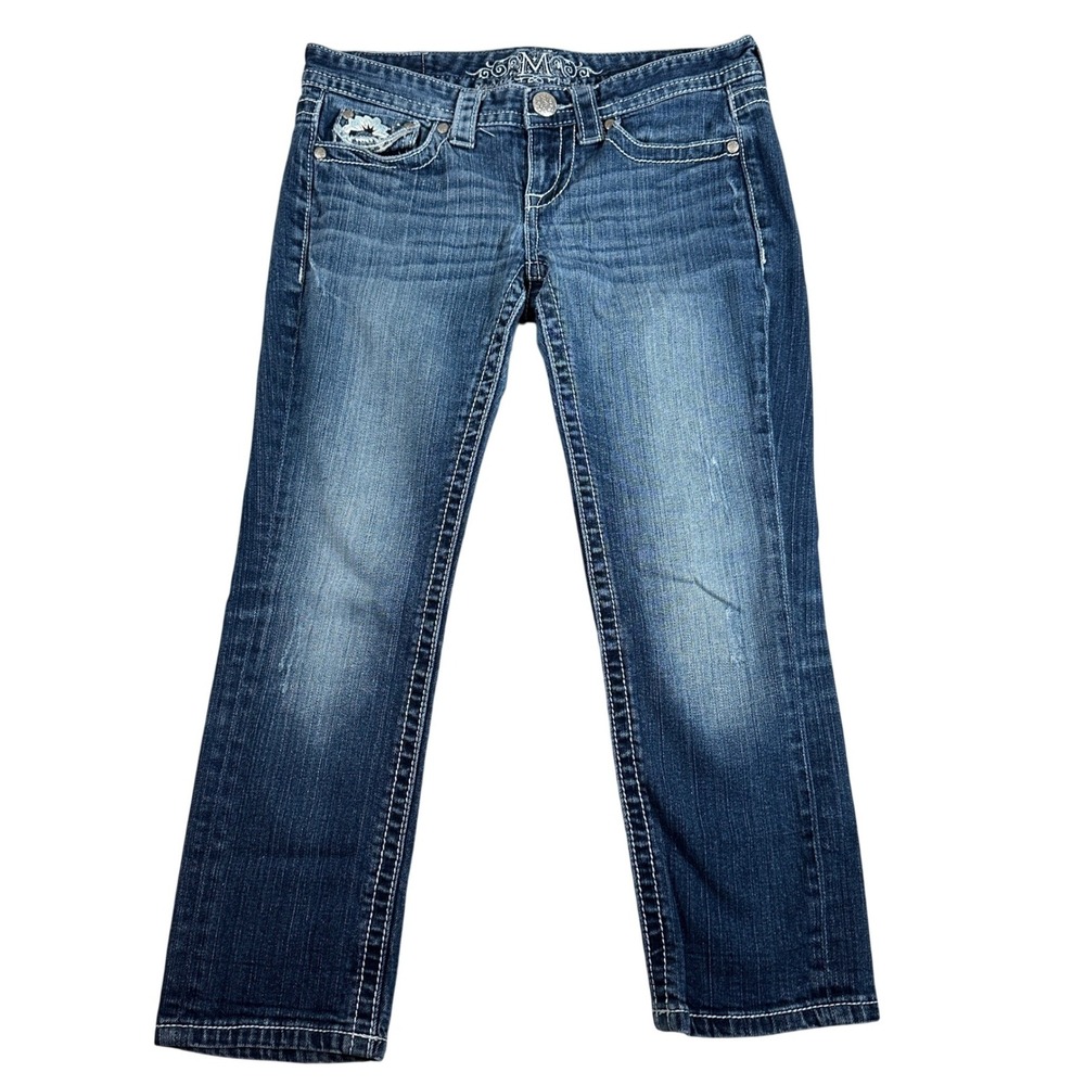 Y2K Jeans 3/4 Reg Dark Wash Embellish Low Rise Capri Denim spring rhinestone